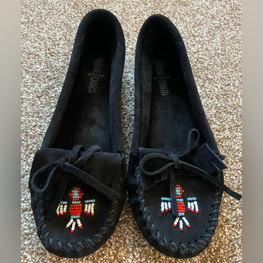 Minnetonka Black Suede Moccasin Flats with Red & Blue Beaded Thunderbird